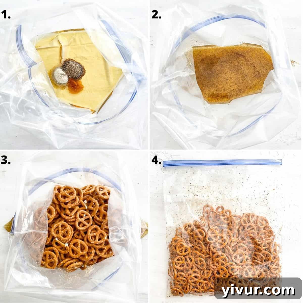 Effortless Fiery Pretzel Crunch 4 Four quadrants showing step-by-step photos of making the spicy pretzel recipe.