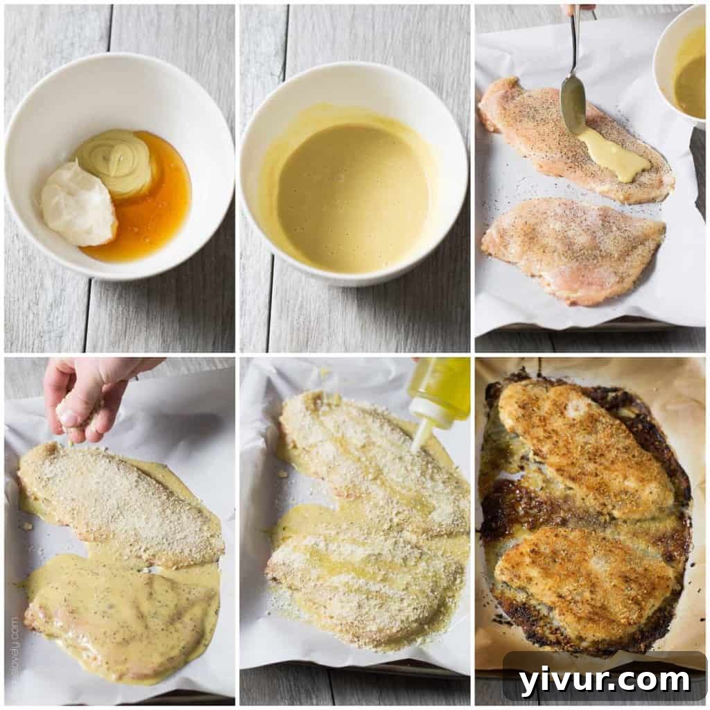 Close-up of crispy baked chicken with honey mustard and panko topping.