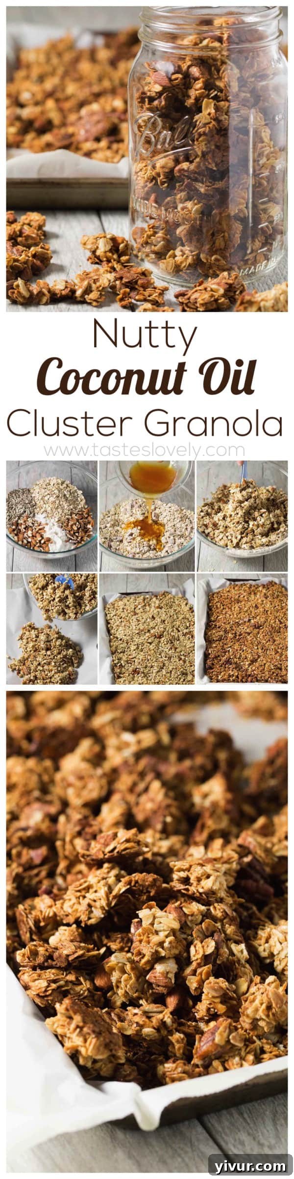 Large batch of Nutty Coconut Oil Cluster Granola spread on a wooden surface.