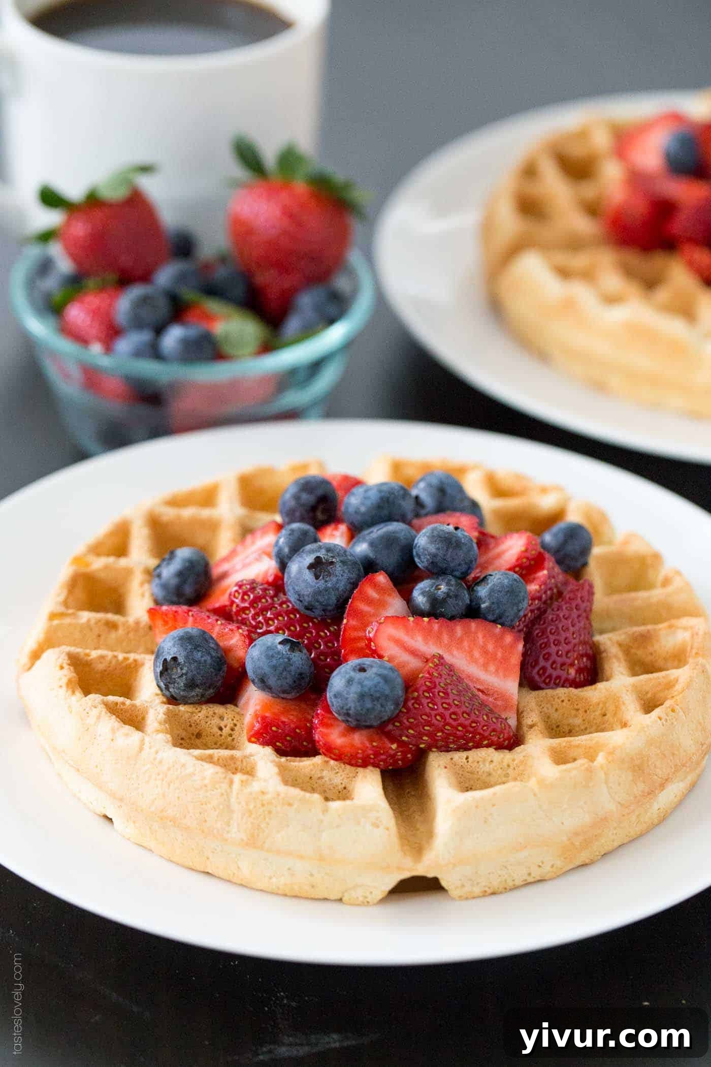 A beautifully plated single dairy-free Belgian waffle topped with vibrant fresh berries, ready to be enjoyed for a wholesome breakfast or brunch.