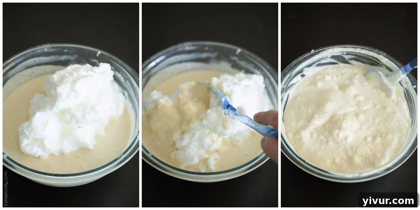 A visual collage showing the step-by-step process of preparing dairy-free waffle batter, including mixing ingredients and beating egg whites.