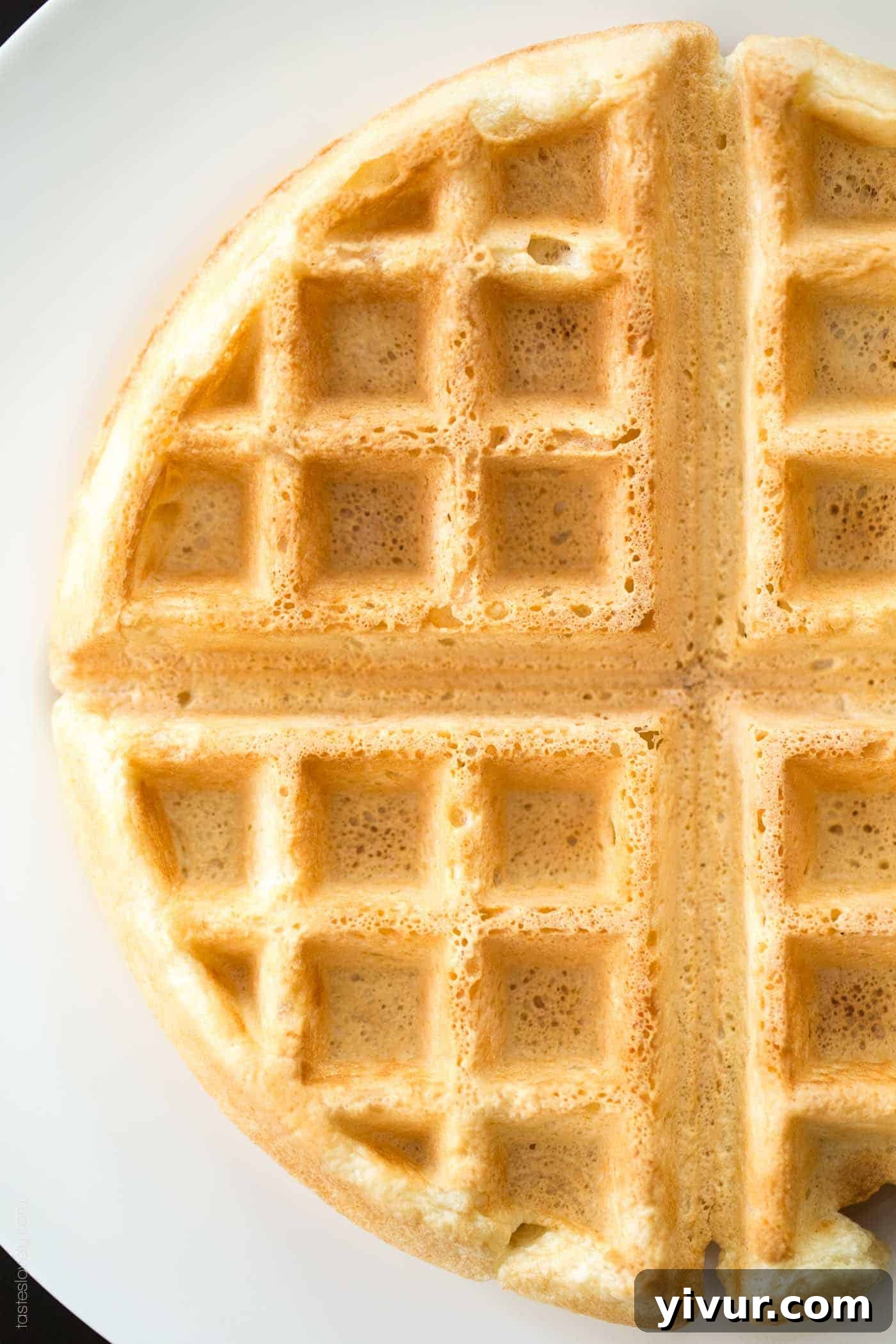 A close-up shot of a perfectly cooked dairy-free waffle, fresh out of the iron, showcasing its deep pockets and golden-brown crispiness.