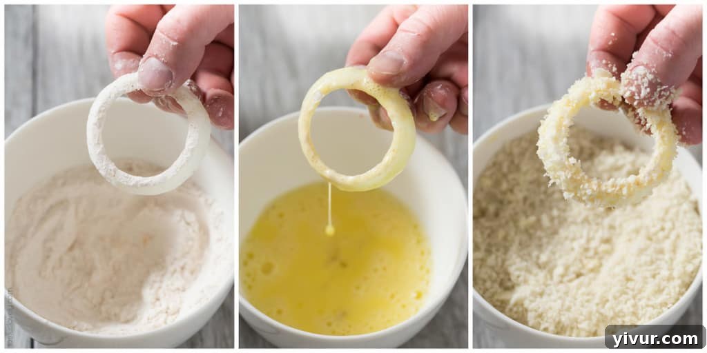 Golden Rings of Oven-Baked Crunch 5 Crispy Oven Baked Onion Rings - Ingredients laid out for the breading process