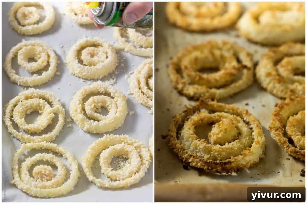 Golden Rings of Oven-Baked Crunch 6 Crispy Oven Baked Onion Rings - Hand dipping onion ring into panko breadcrumbs