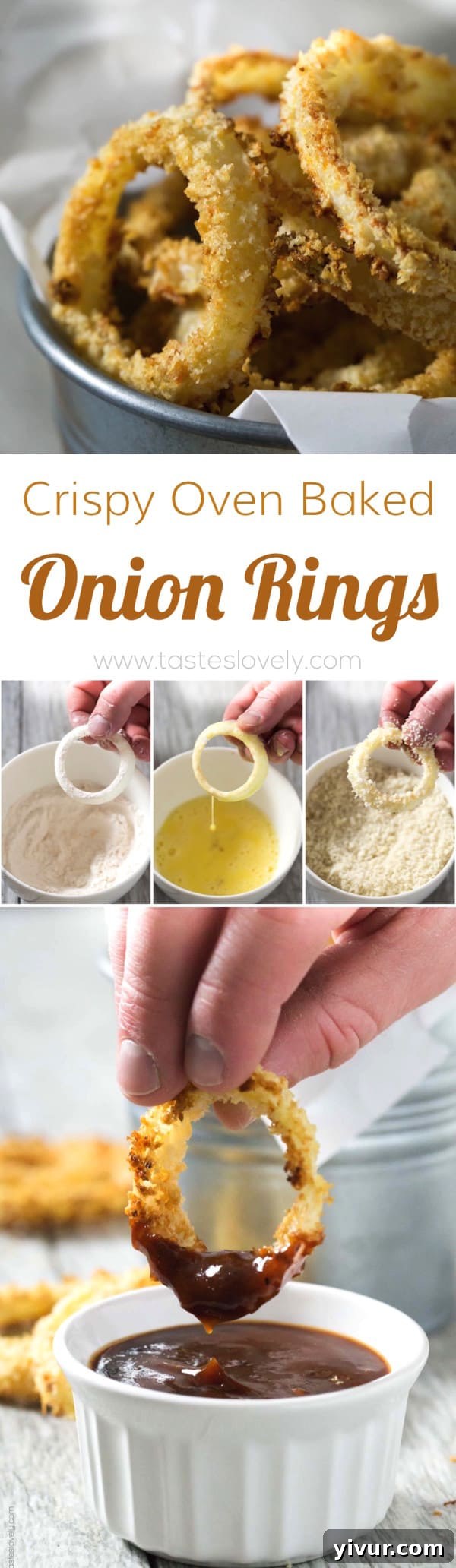 Golden Rings of Oven-Baked Crunch 9 Crispy Oven Baked Onion Rings - Stacked on a white plate with a dark background