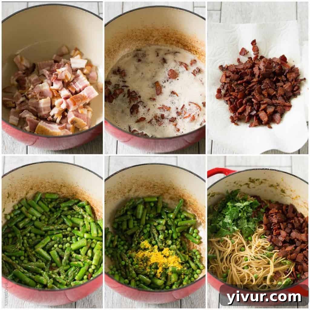 Overhead shot of Spring Pasta with Bacon and Poached Egg, showcasing the vibrant colors of asparagus, peas, and parsley.
