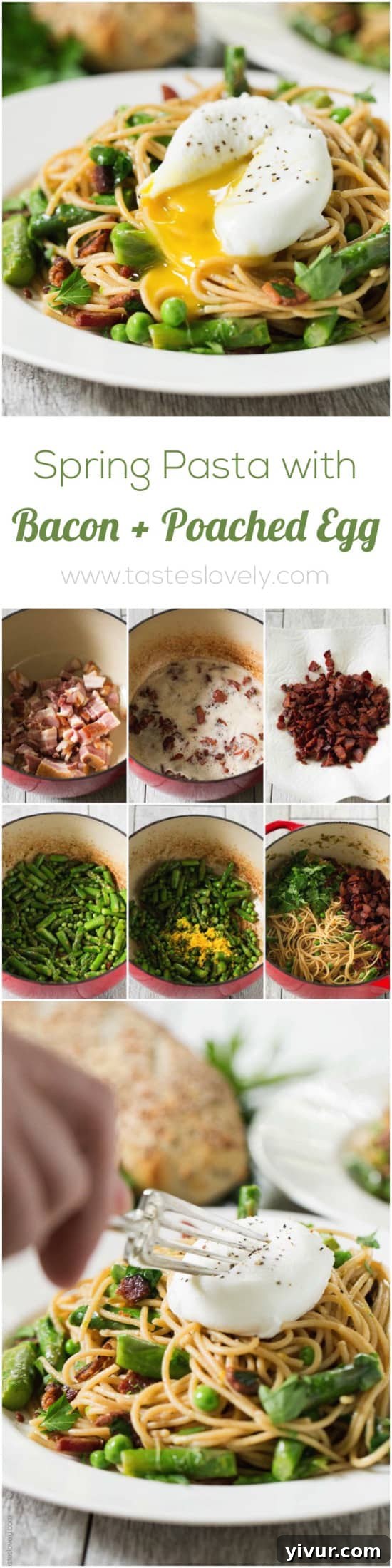 Full plate of Spring Pasta with Bacon and Poached Egg, ready to be enjoyed.