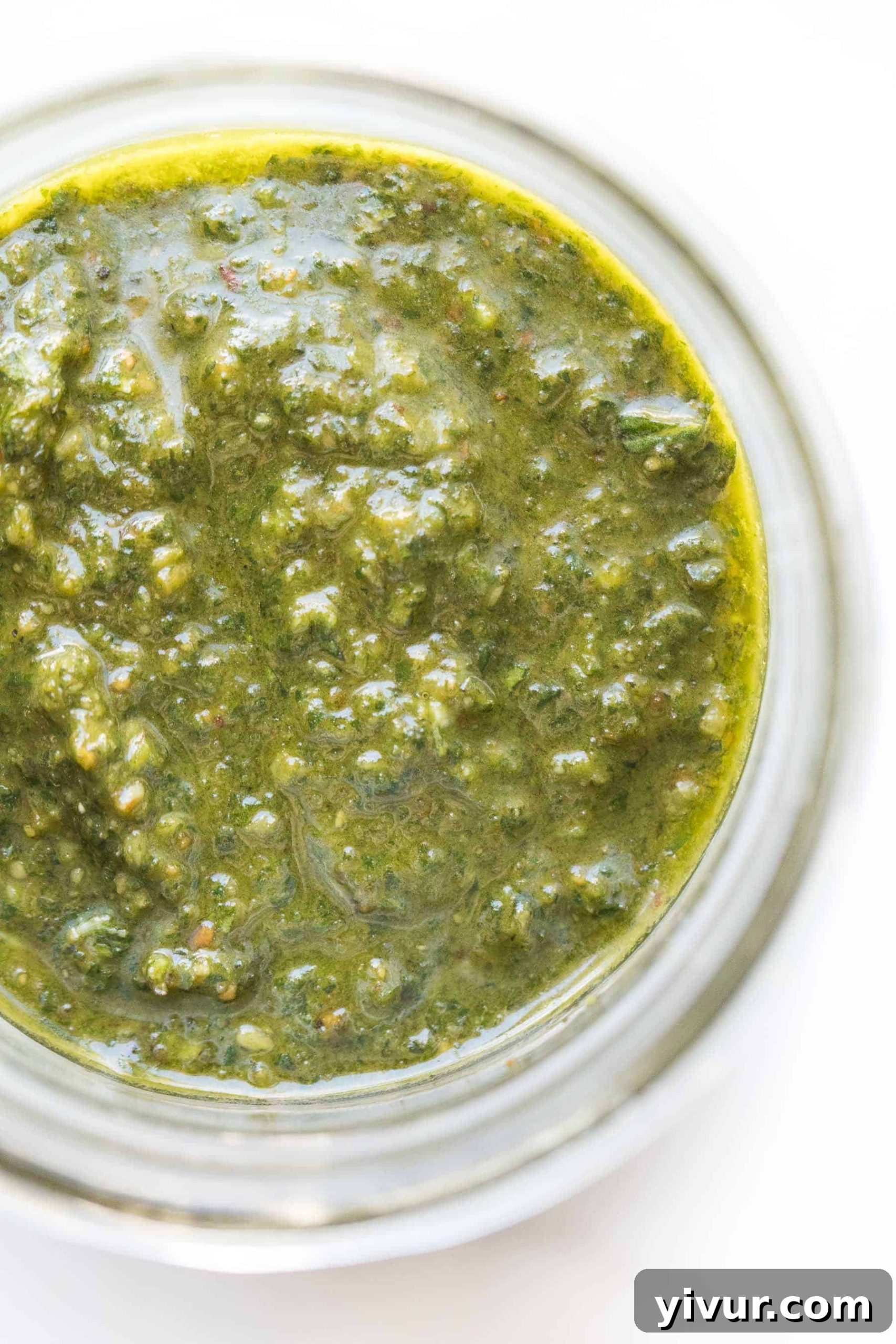A mason jar of homemade dairy-free pesto adorned with fresh basil leaves, resting on a clean white surface.