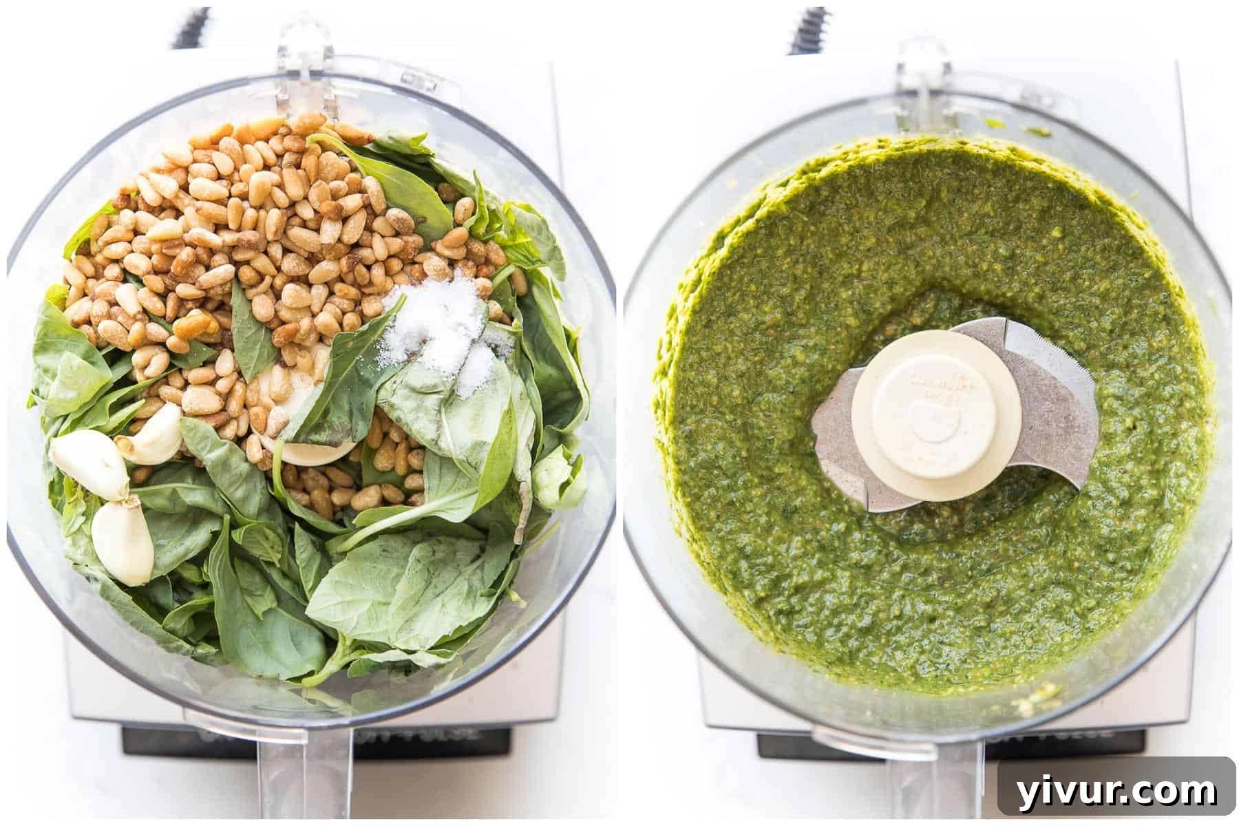A step-by-step visual guide showing the process of making dairy-free pesto in a food processor, highlighting the vibrant ingredients.