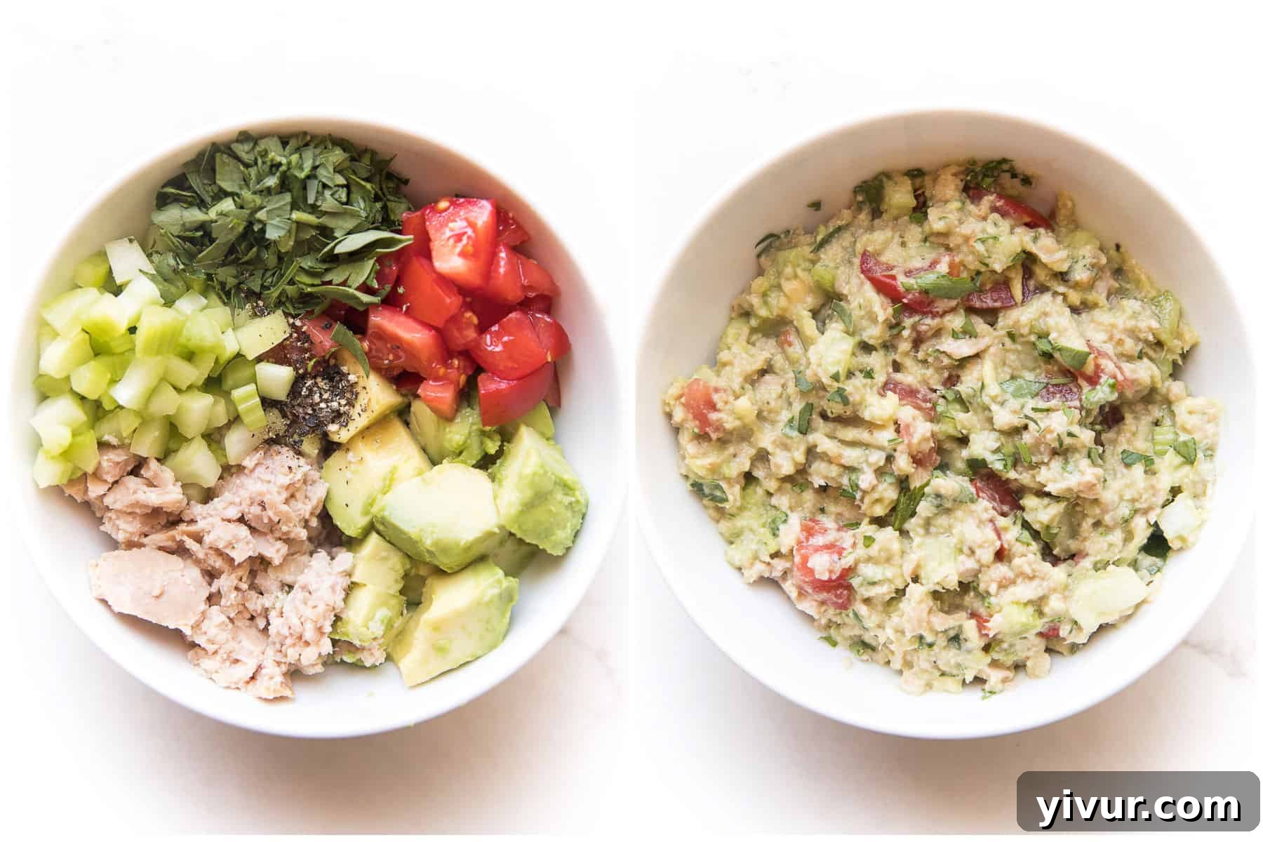 Fresh ingredients laid out in white bowls for avocado tuna salad, including tuna, chopped avocado, tomatoes, celery, and parsley