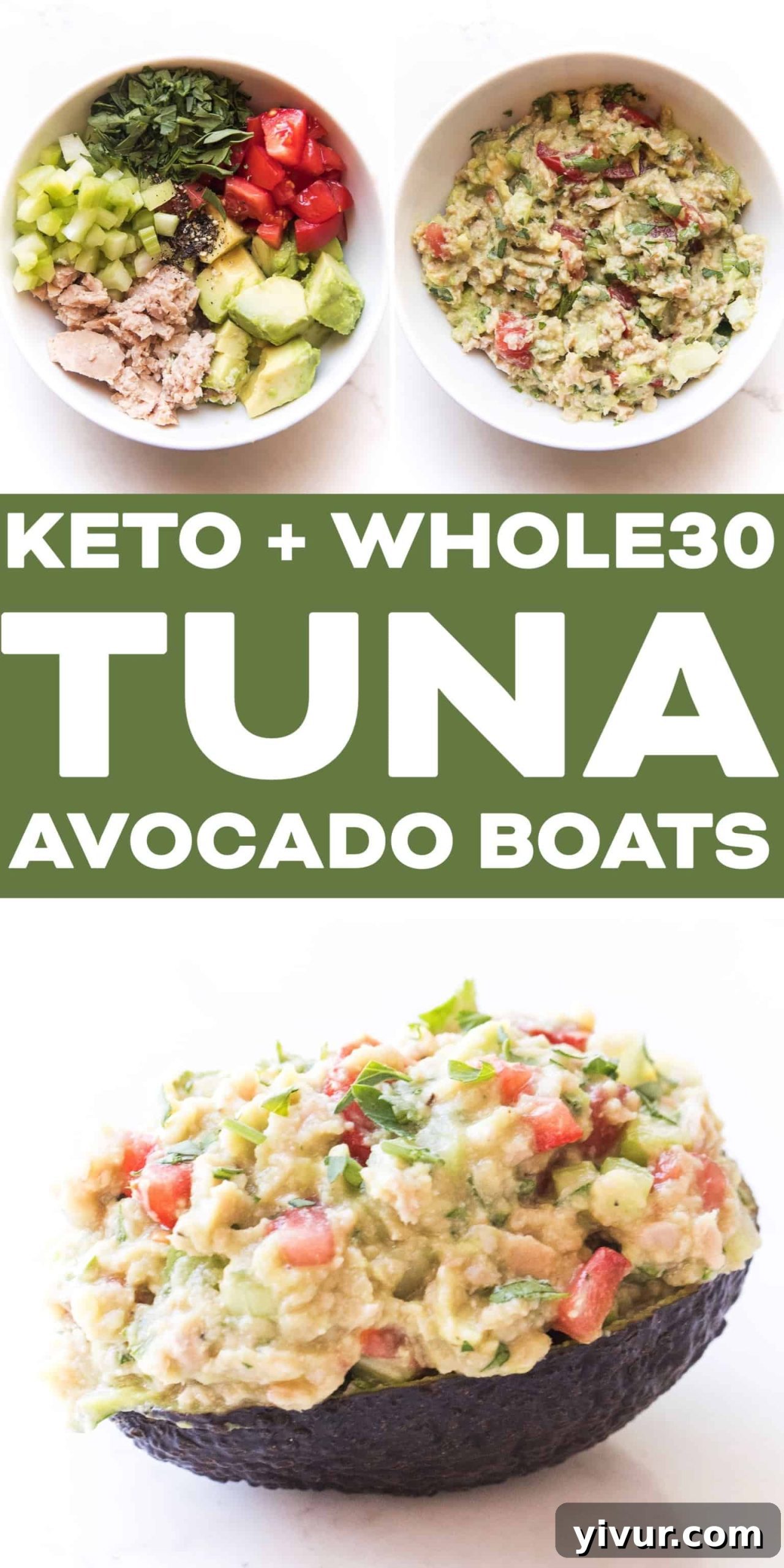 Two avocado tuna boats displayed, with fresh herbs and a rustic kitchen background, highlighting healthy and delicious meal options