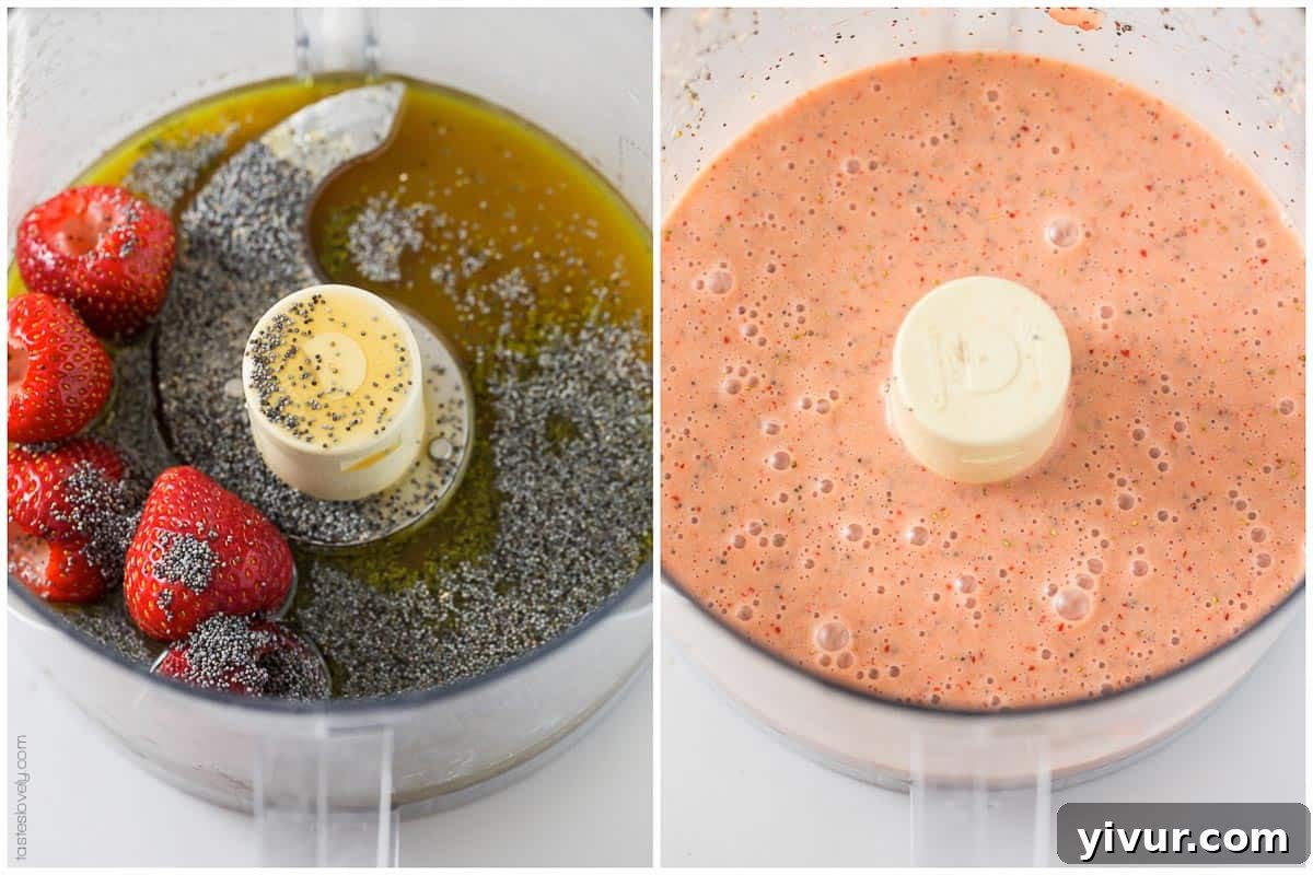 Close-up of fresh Paleo Strawberry Poppyseed Dressing swirling in a blender