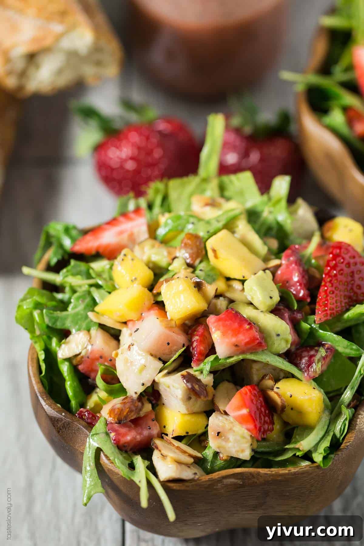 Delicious Paleo Strawberry Mango Salad with Chicken - a healthy, gluten-free, and dairy-free meal for lunch or dinner