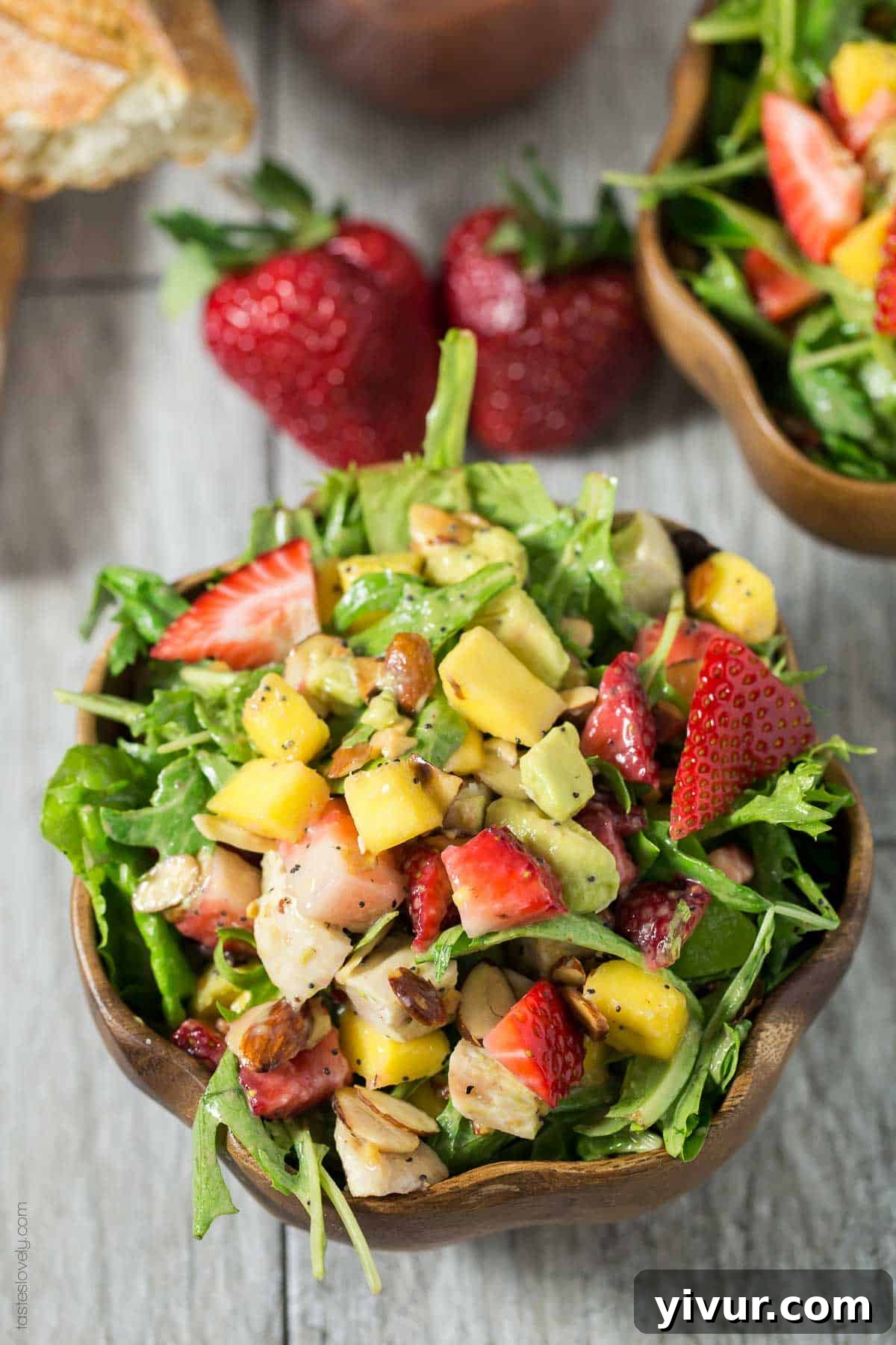 Finished Paleo Strawberry Mango Salad with Chicken - a beautiful and healthy dish