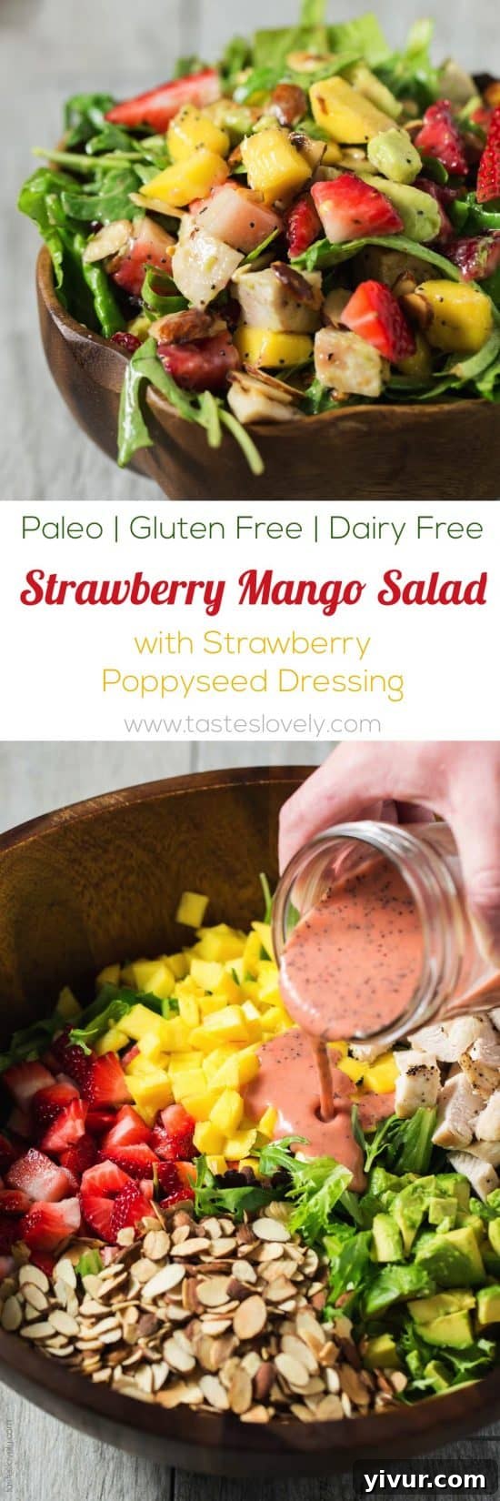 Closeup of Paleo Strawberry Mango Salad with Chicken - a fresh and healthy dish