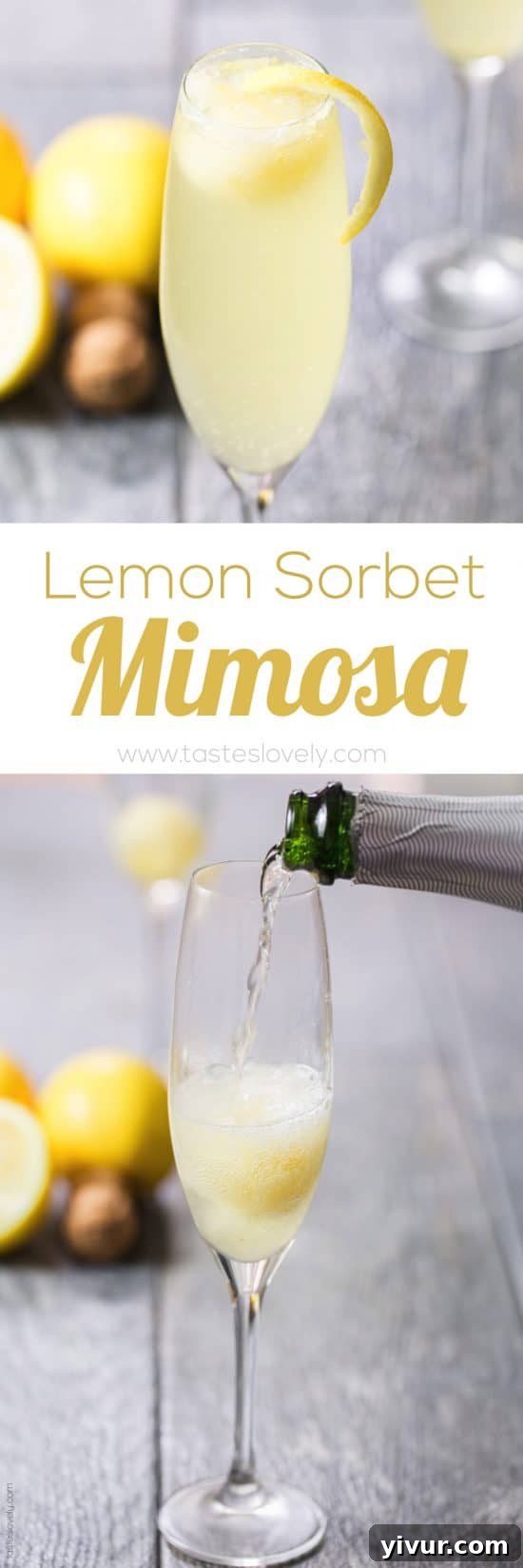 Close-up of a Lemon Sorbet Mimosa with garnish