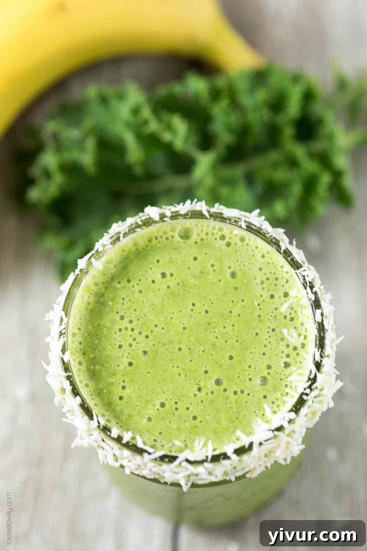 Vibrant Kale Coconut Green Smoothie in a glass, ready to be enjoyed