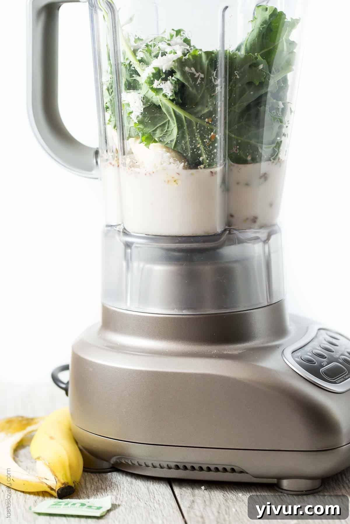 Close-up of Kale Coconut Green Smoothie ingredients before blending