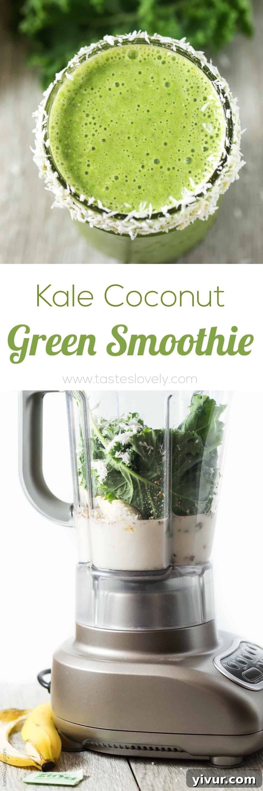 Tall glass of Kale Coconut Green Smoothie, garnished with shredded coconut