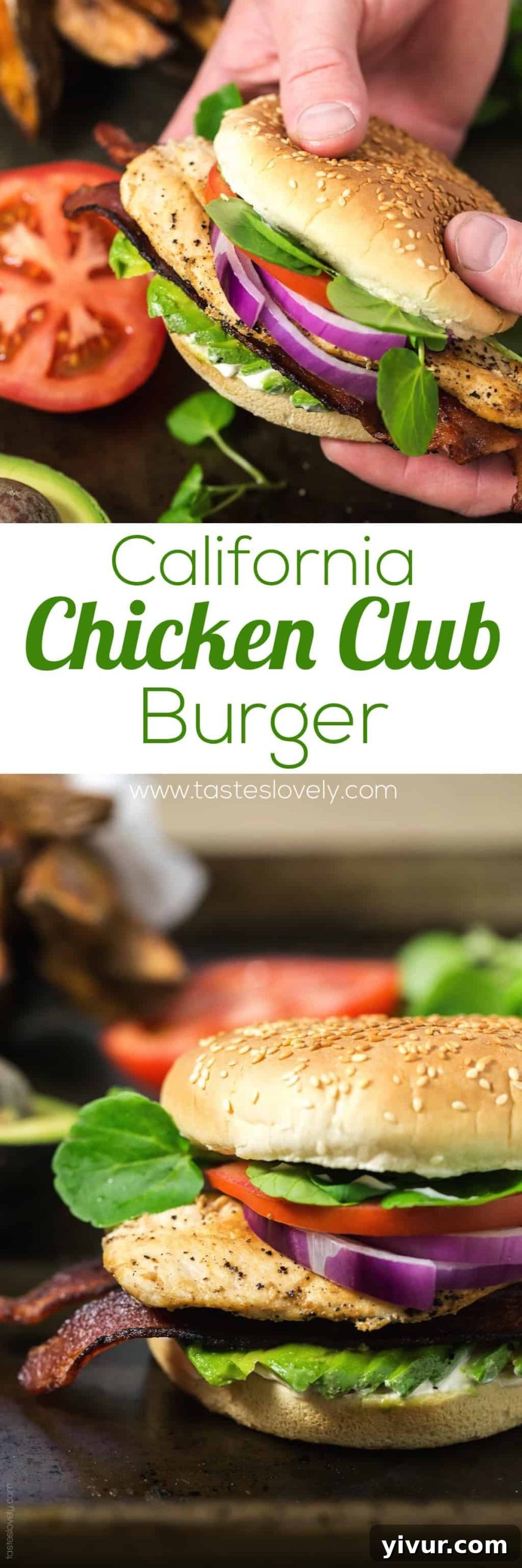 Tall and delicious California Chicken Club Burger on a plate, ready to be enjoyed