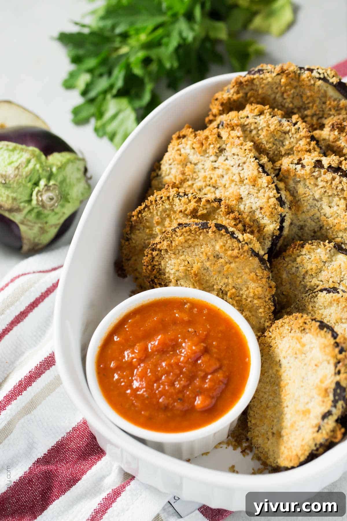 Close-up of baked eggplant bites with a focus on their crunchy texture