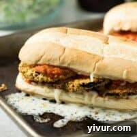Close-up of a prepared Vegan Crunchy Baked Eggplant Sandwich Melt on a plate.