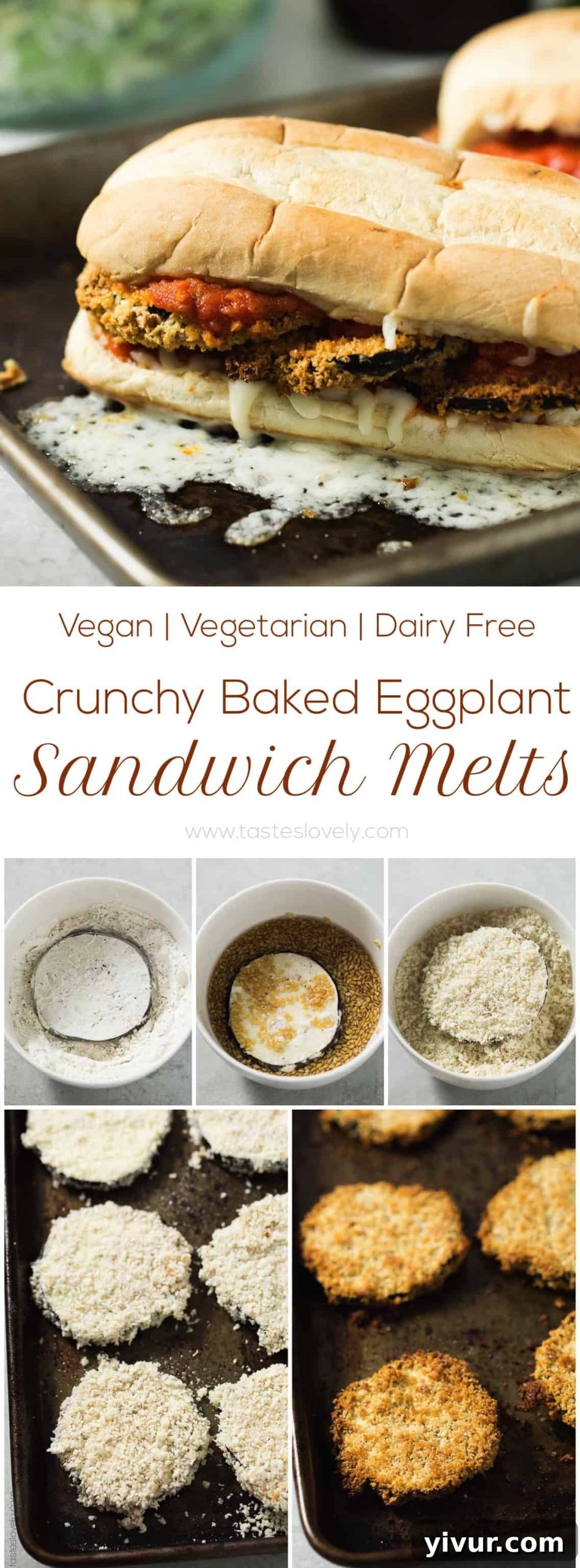 A beautifully presented Vegan Crunchy Baked Eggplant Sandwich Melt, sliced in half and ready to be enjoyed.