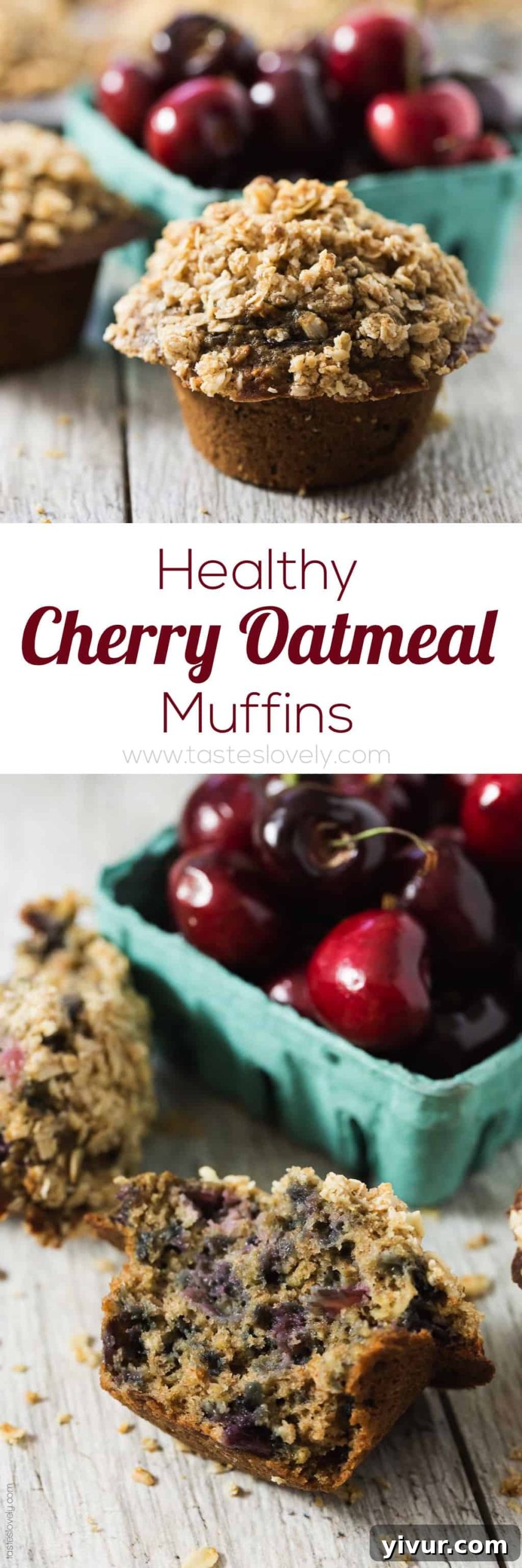 Close-up of a perfectly baked Healthy Cherry Oatmeal Muffin with streusel