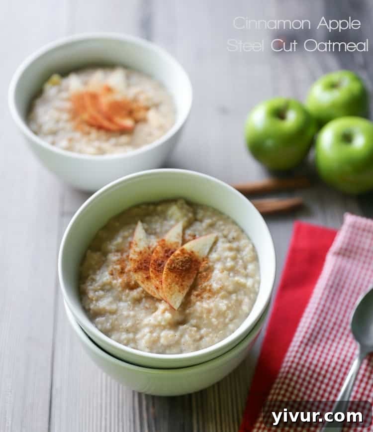 Cinnamon Apple Steel Cut Oatmeal with fresh apples and cinnamon sticks