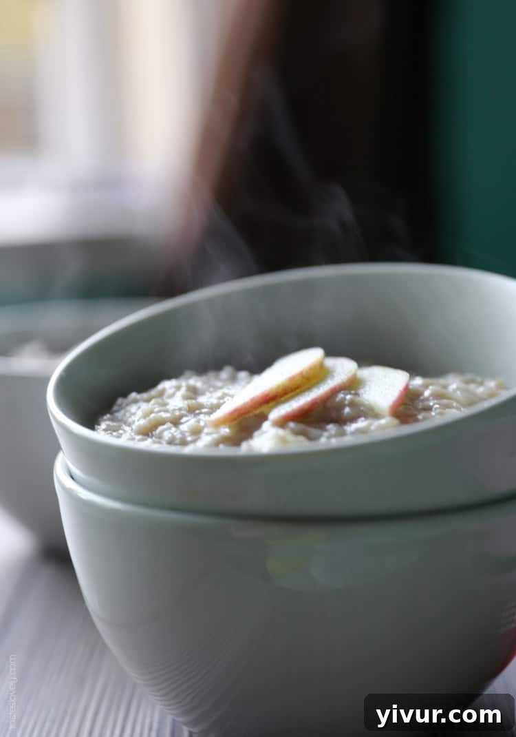 Close-up of Cinnamon Apple Steel Cut Oatmeal in a bowl, ready to be served
