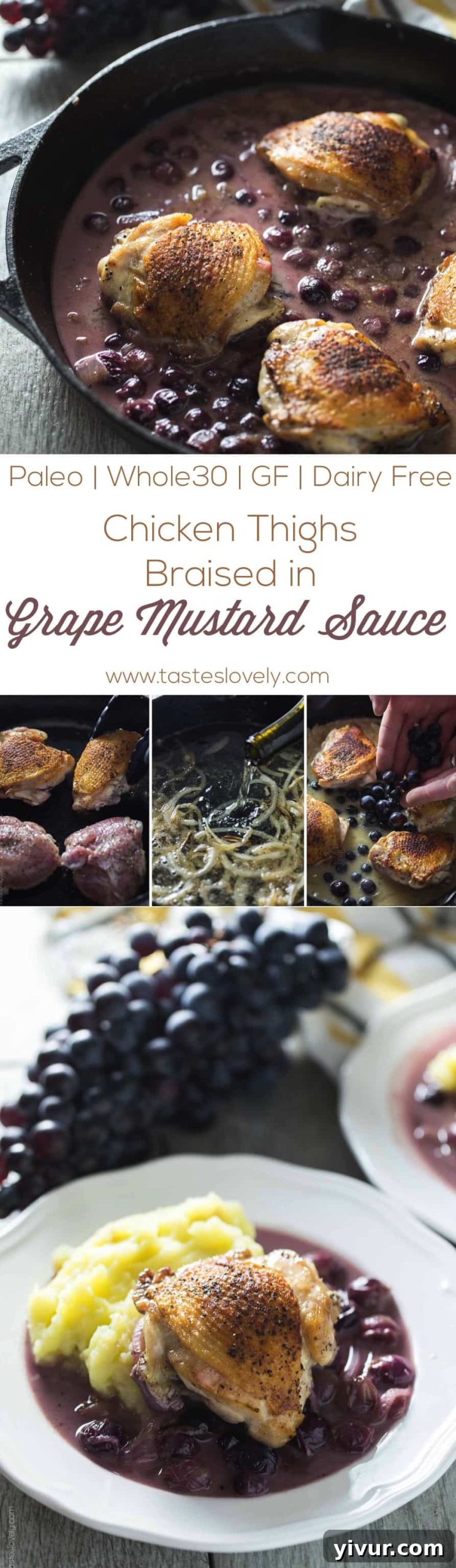 A vibrant overhead shot of the Braised Chicken Thighs in Mustard Grape Sauce, ready for serving