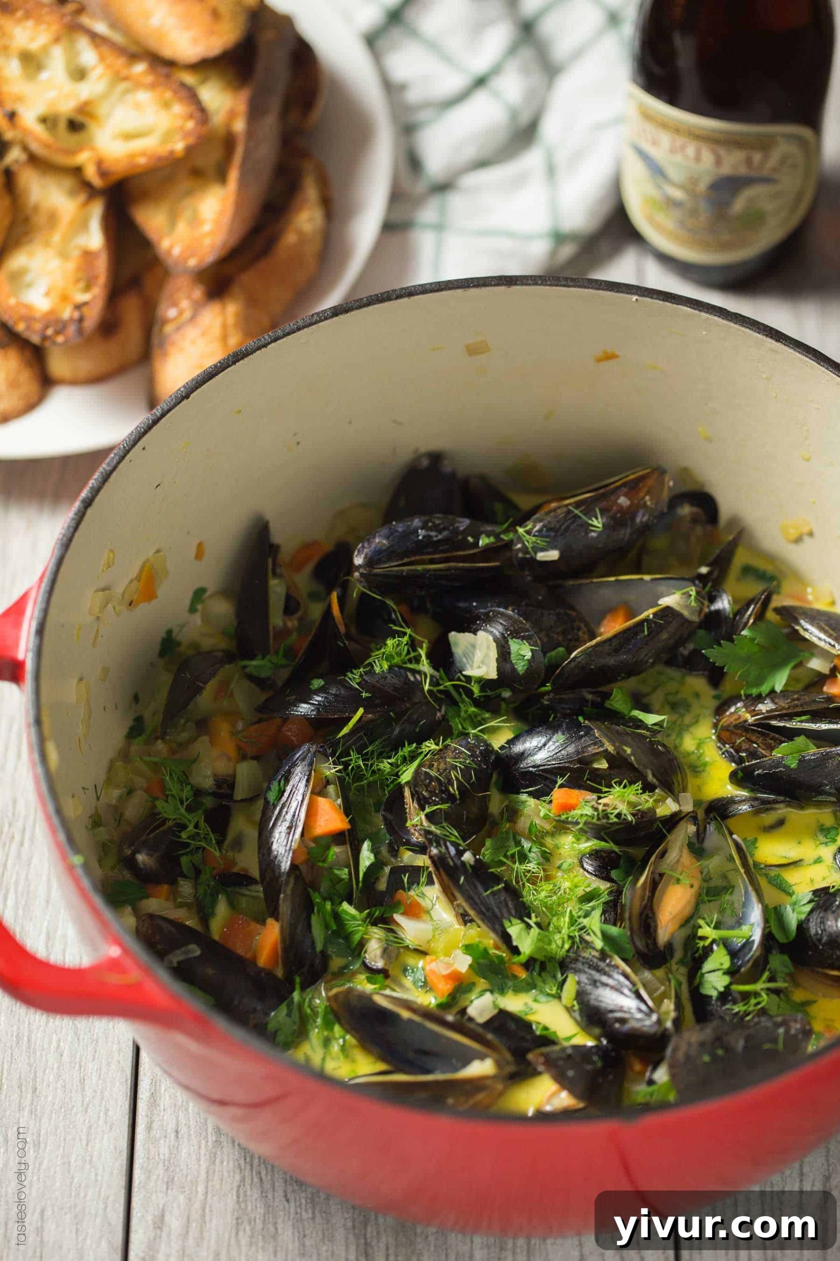 Creamy Beer Steamed Mussels - a quick and easy romantic dinner for 2