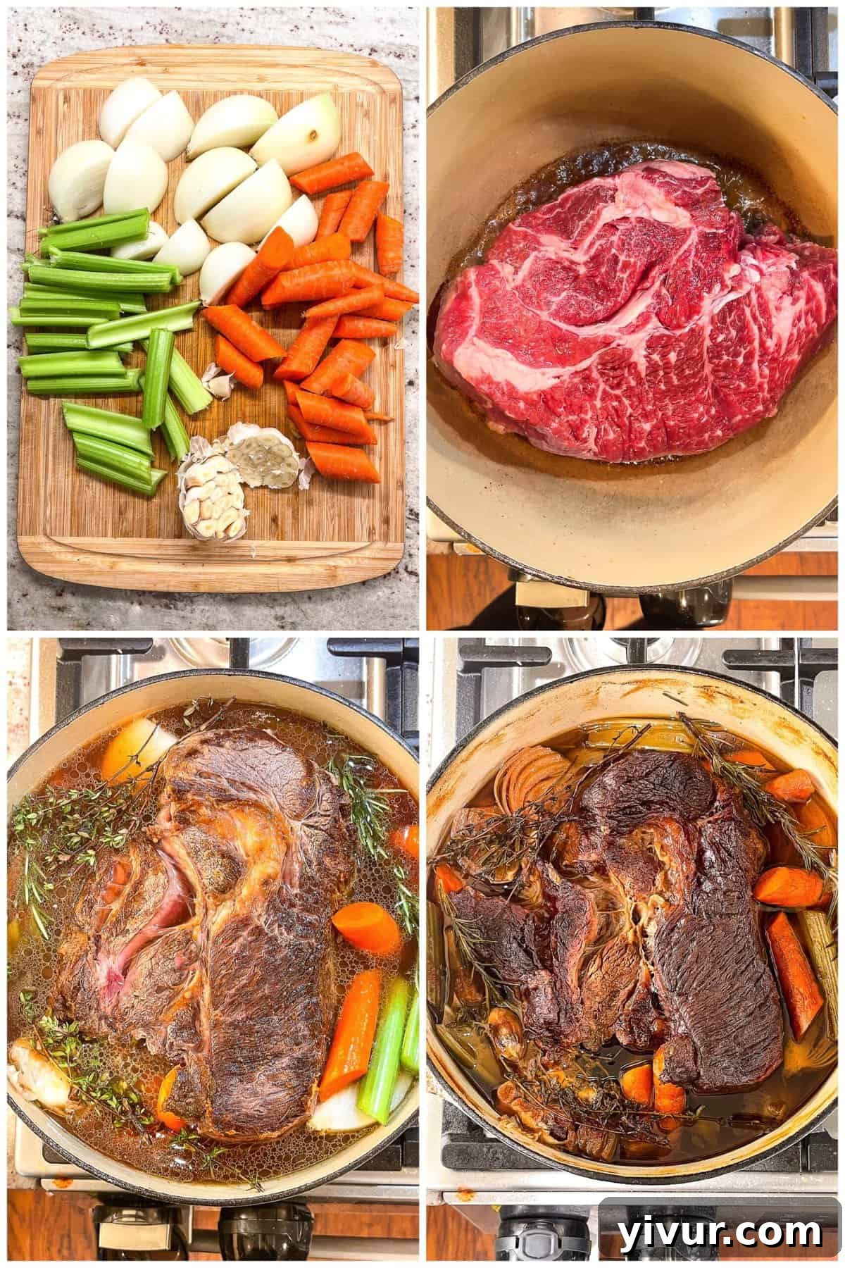 Fall-Apart Dutch Oven Pot Roast Smothered in Rich Gravy 4 Step-by-step photos illustrating the preparation process of the Dutch oven pot roast recipe, from searing the beef to layering vegetables.