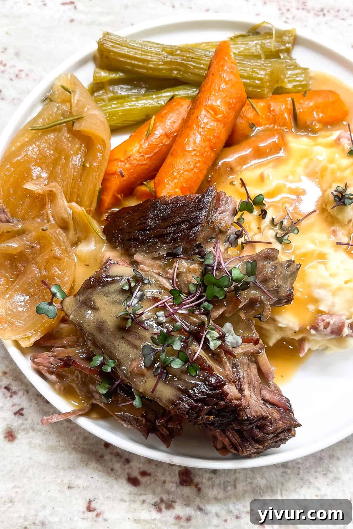 Fall-Apart Dutch Oven Pot Roast Smothered in Rich Gravy 5 A close-up of a succulent Dutch oven pot roast topped with homemade beef gravy, beautifully presented alongside tender cooked onions, carrots, and celery.