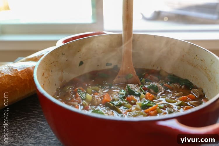 Finished bowl of Italian Sausage and Vegetable Soup, ready to eat