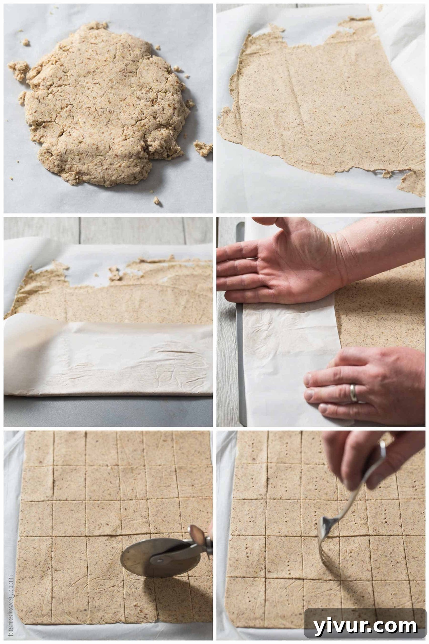 Close-up of Almond Pulp Crackers baking on parchment paper, showing their thinness and preparation.