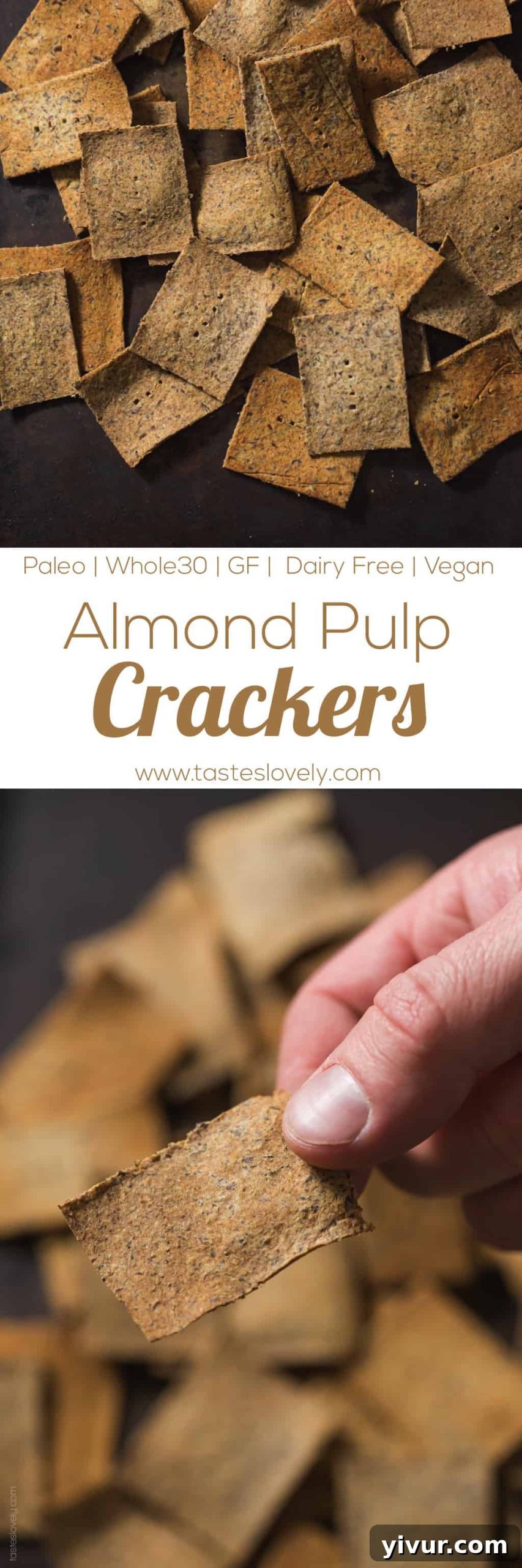 A final shot of baked Almond Pulp Crackers, ready to be enjoyed as a healthy snack.