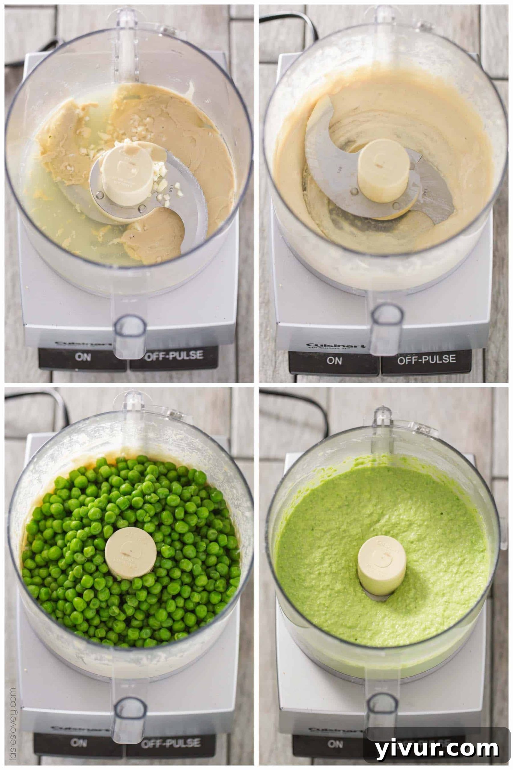 A close-up of the smooth and creamy texture of Paleo Sweet Pea No-Bean Hummus, garnished with olive oil and flaky sea salt.