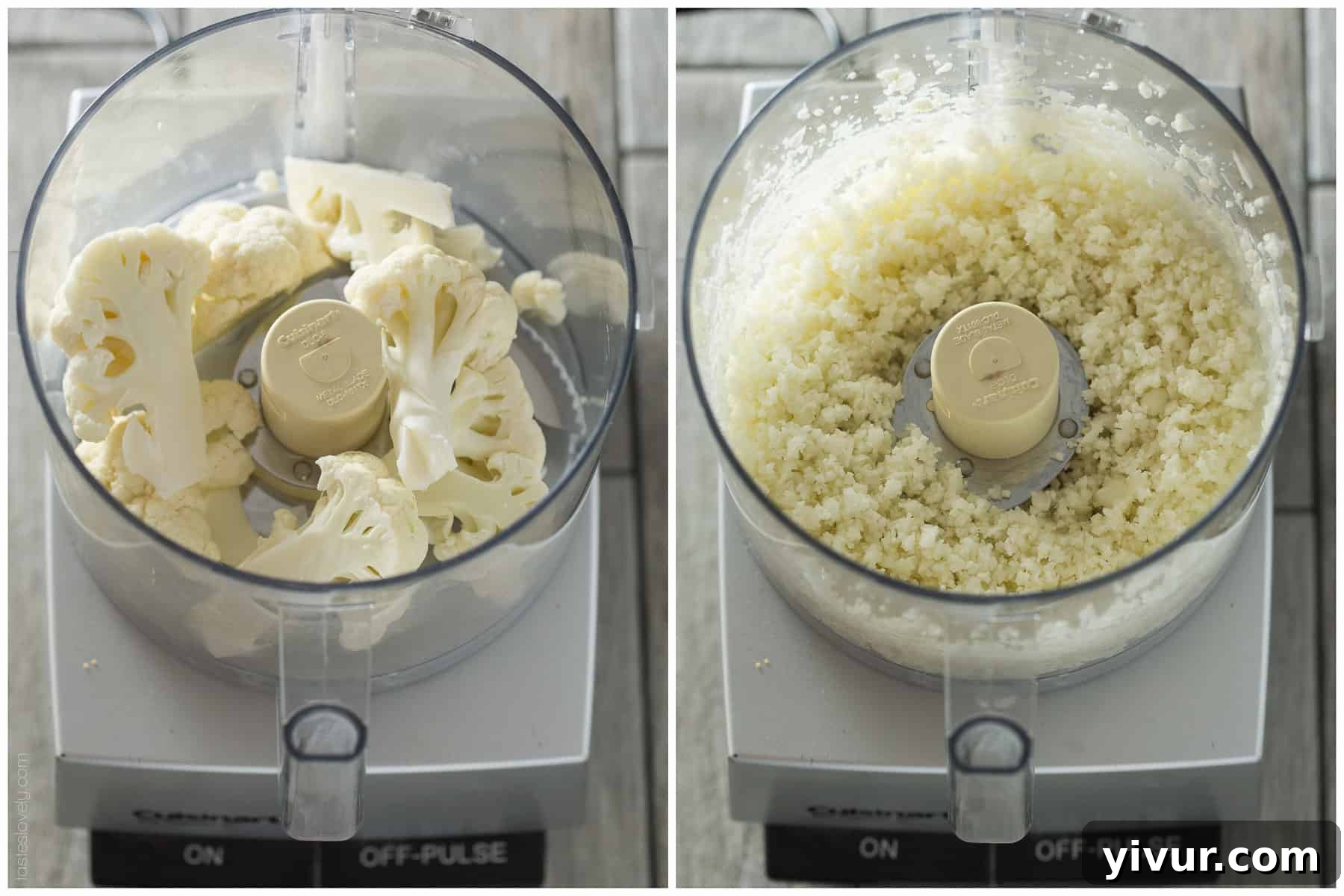 A visual breakdown of the simple ingredients needed for homemade cauliflower rice: a whole cauliflower head, a bottle of olive oil, and salt and pepper shakers.