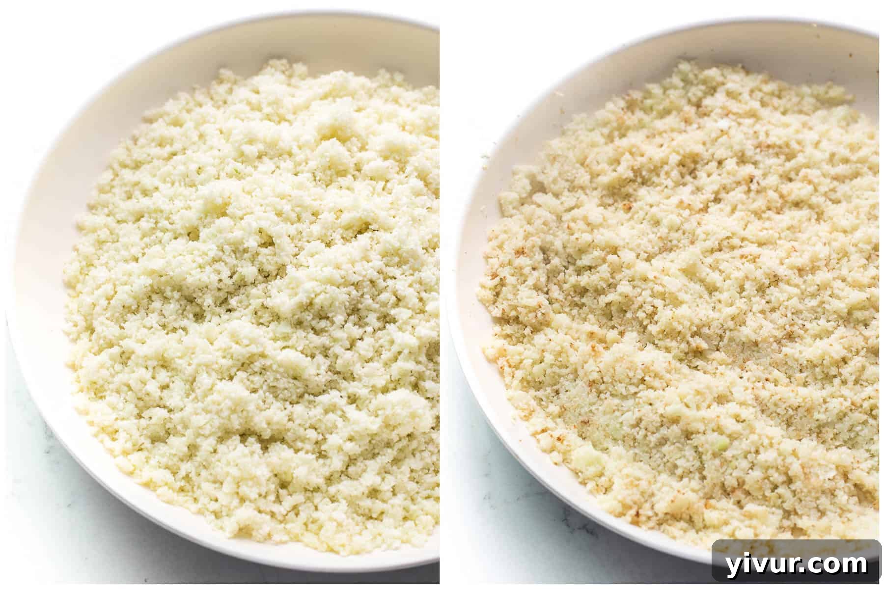 Cauliflower florets being riced in a food processor, illustrating the single-layer technique for even chopping.