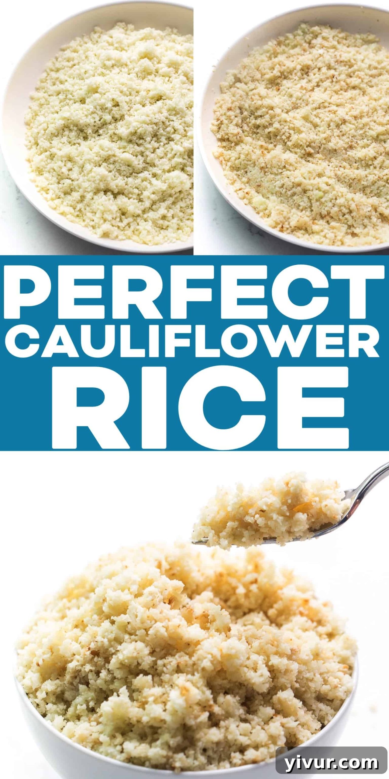 An overhead shot of a colorful and balanced meal built around fluffy homemade cauliflower rice, showcasing its role in a healthy diet.