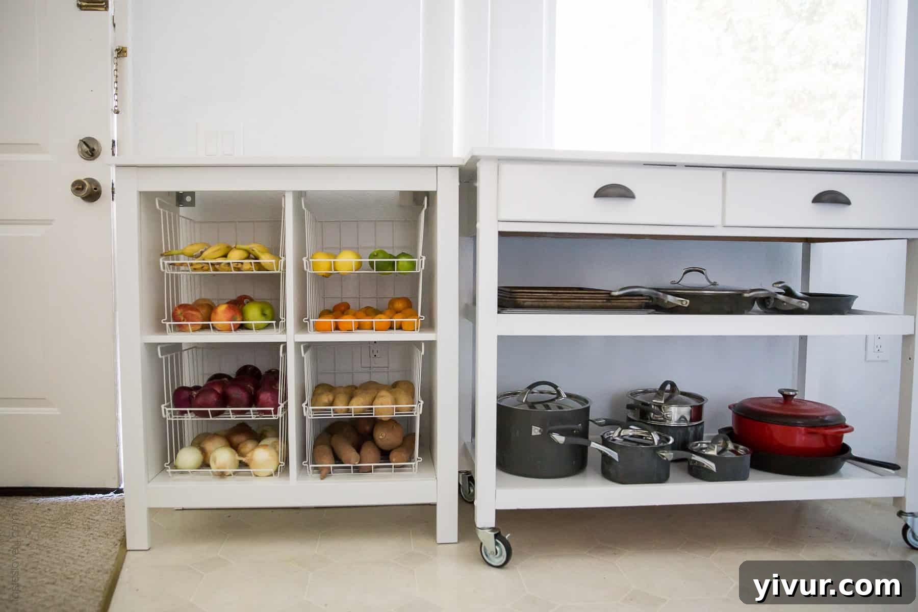 Ikea shelf unit with wire baskets for dry produce storage in kitchen