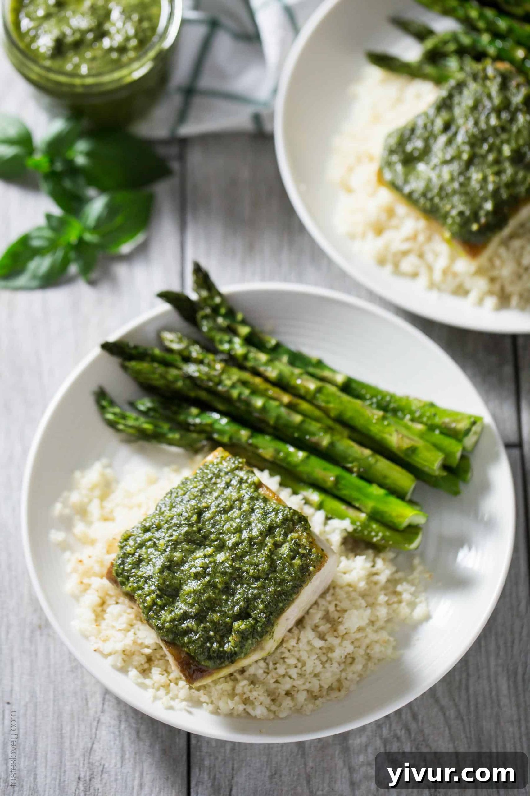 Seared Pesto Mahi Mahi 3 Close-up of Pesto Mahi Mahi with vibrant green pesto, showcasing the freshness and deliciousness of this paleo, gluten free, Whole30 and dairy free fish recipe.