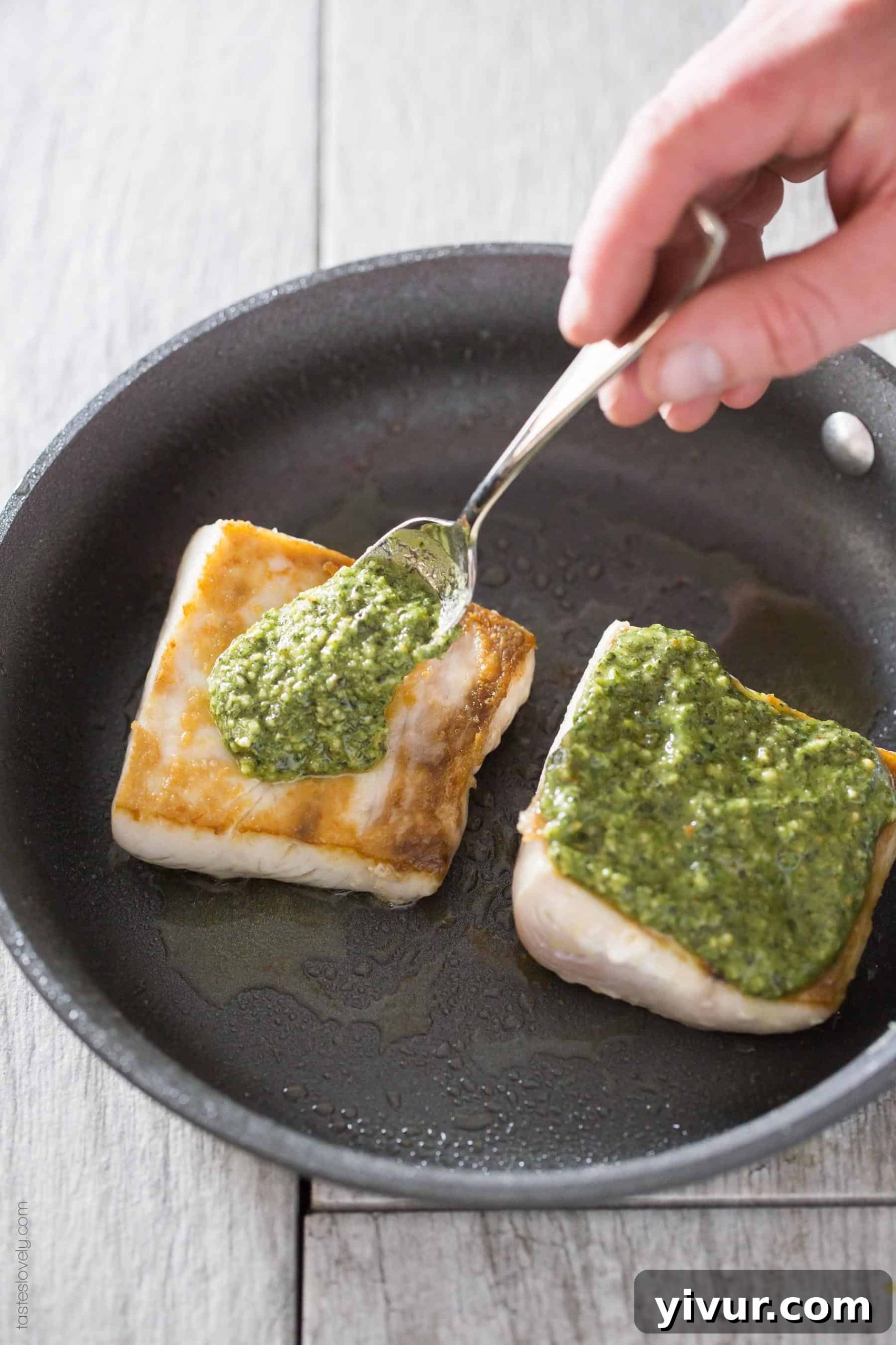 Seared Pesto Mahi Mahi 4 Pesto Mahi Mahi served with roasted vegetables, highlighting a healthy and balanced paleo, gluten free, Whole30, and dairy free fish dinner.