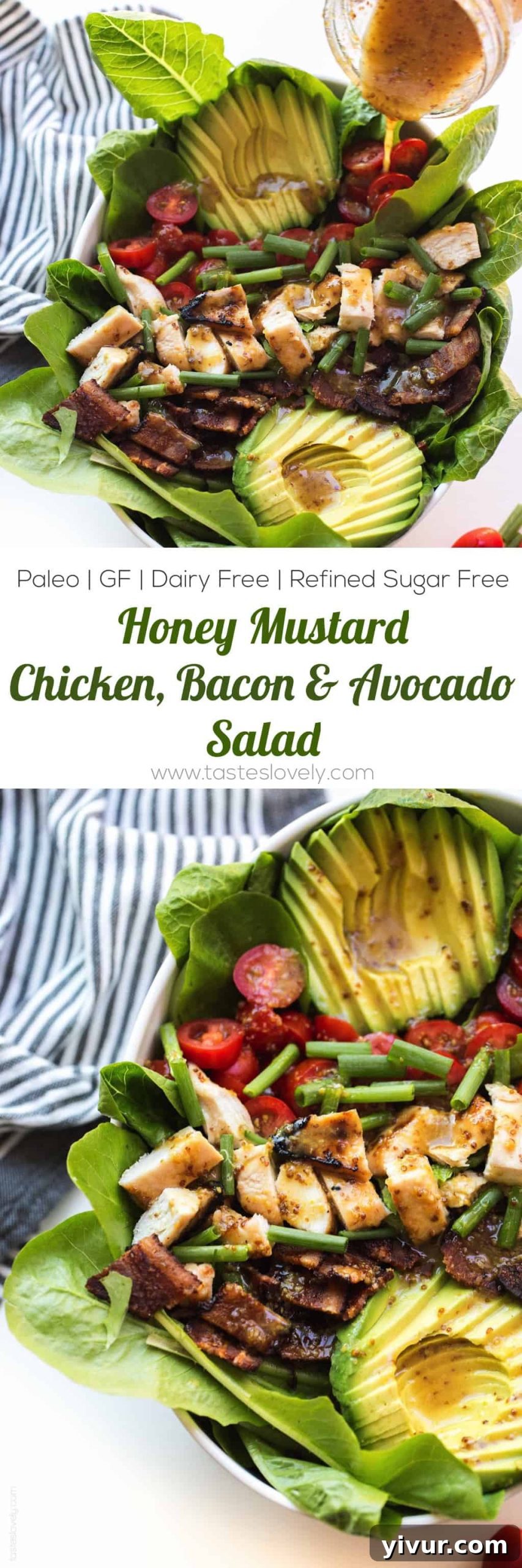 Paleo Honey Mustard Chicken Power Bowl with Crispy Bacon and Avocado 7 Grilled BBQ Chicken BLT Salad, a hearty and healthy Whole30 and Paleo meal option.