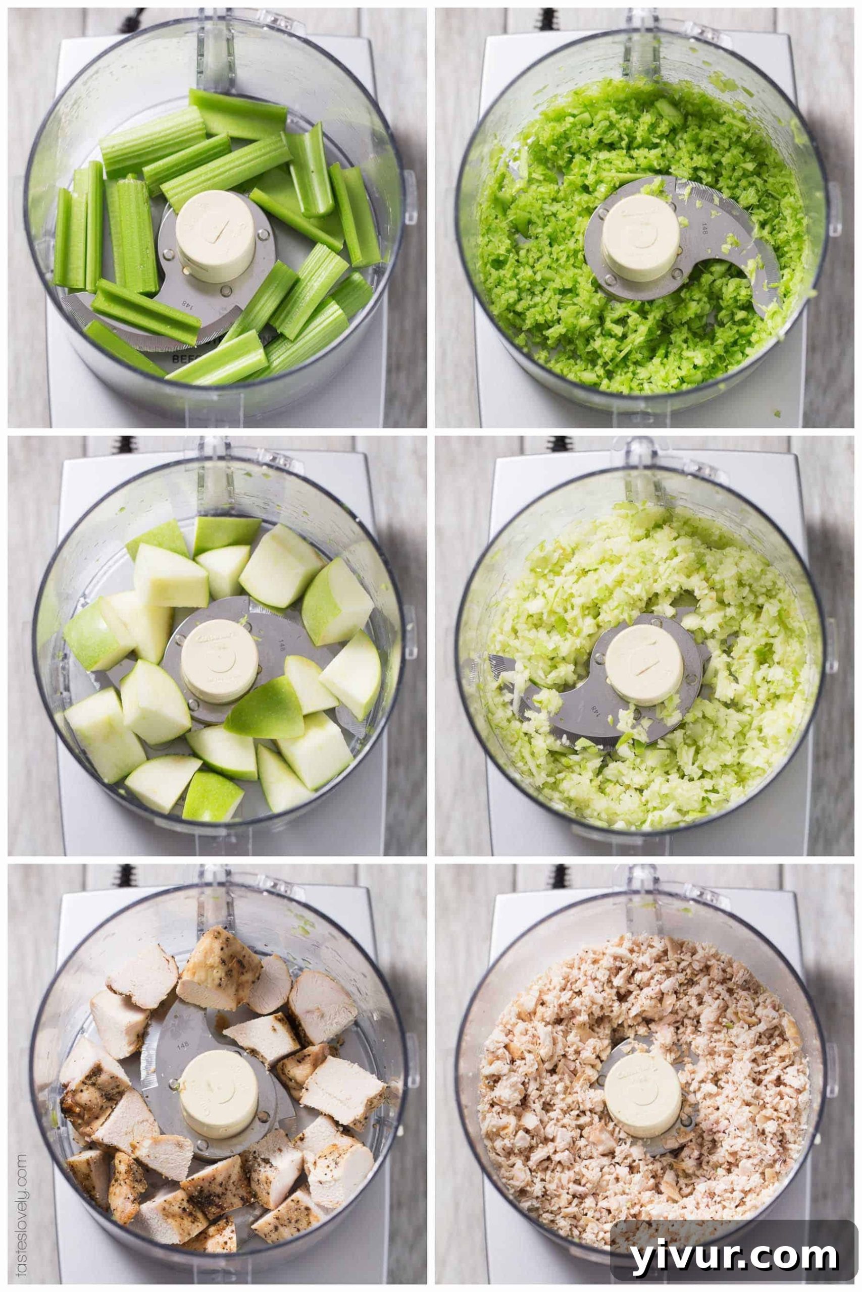 Overhead shot of Green Apple and Cranberry Chicken Salad in a bowl, highlighting the finely chopped ingredients and creamy dressing.