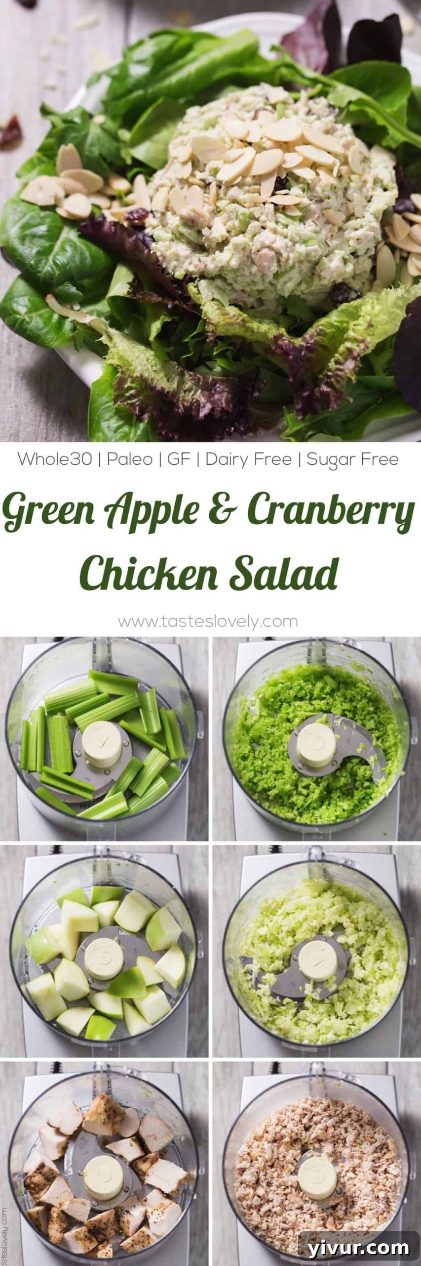 A large serving of Green Apple & Cranberry Chicken Salad in a bowl, illustrating a generous portion for a meal.