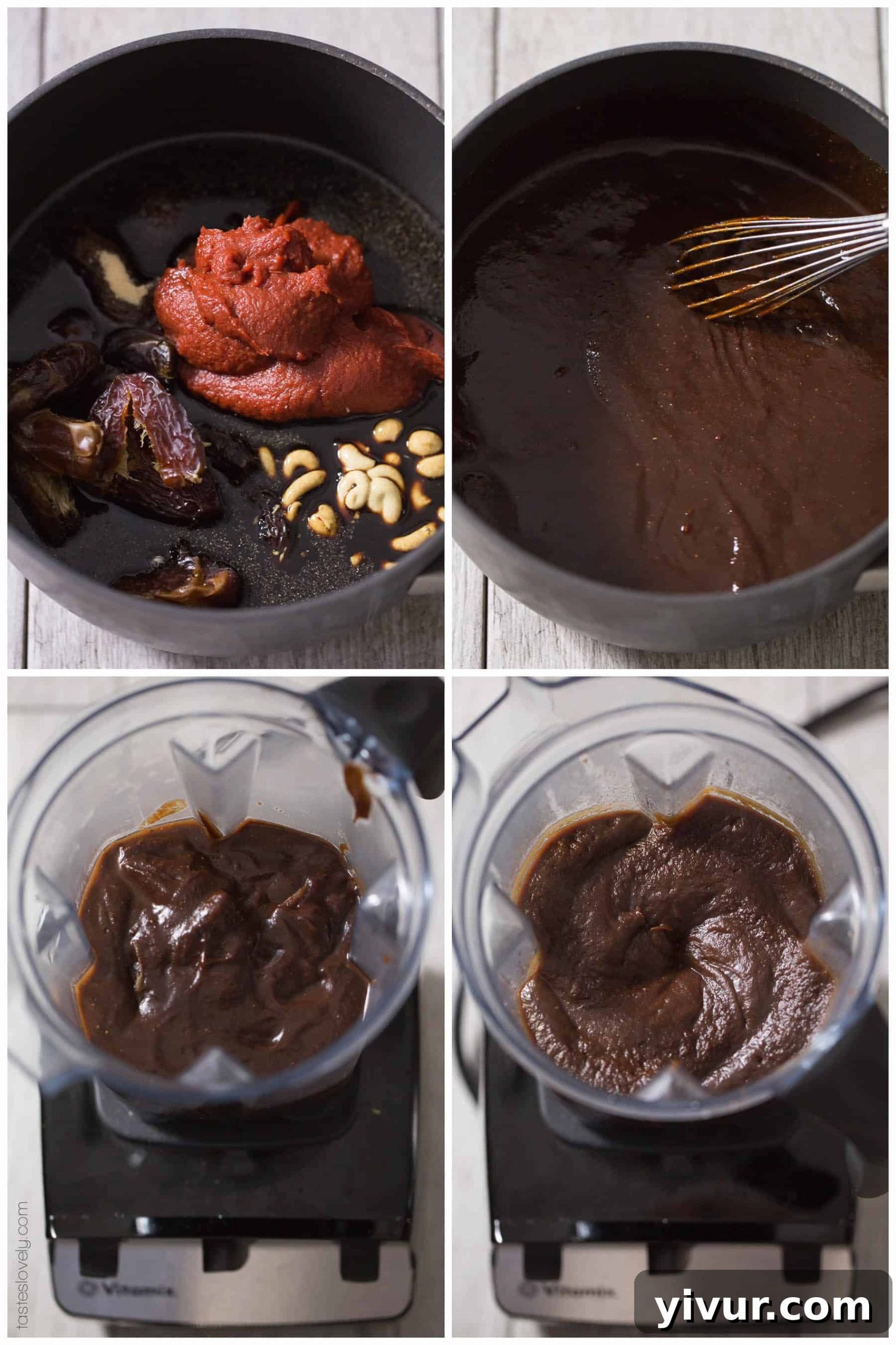 Collage of step-by-step photos showing how to cook and blend homemade keto BBQ sauce.