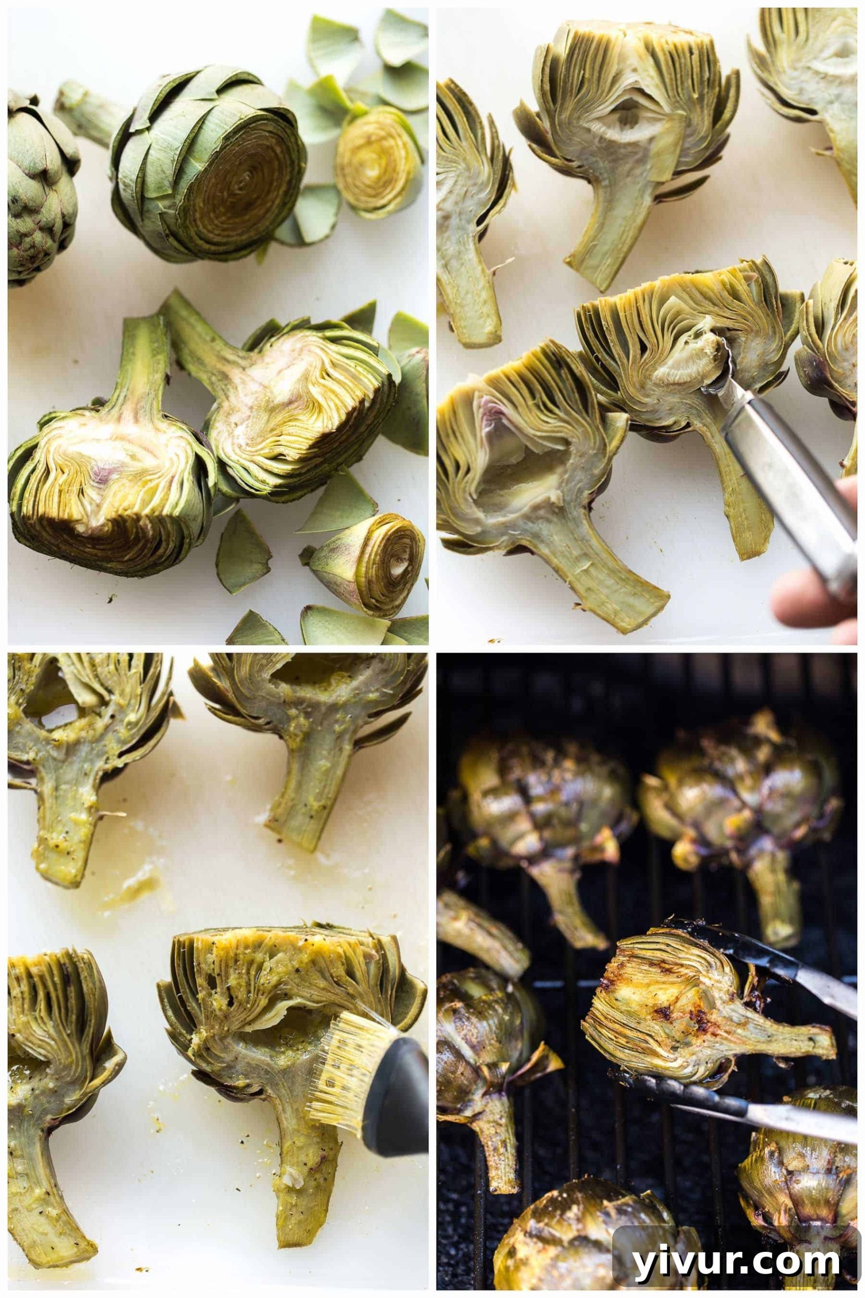 Serving of Paleo & Whole30 Grilled Artichokes with a fresh lemon wedge and a bowl of lemon garlic aioli.