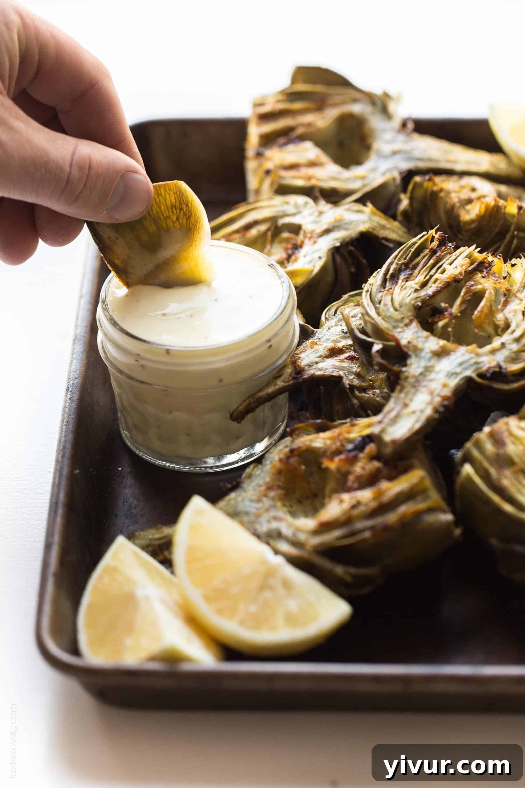 A plate of Paleo & Whole30 Grilled Artichokes with the lemon garlic aioli dipping sauce ready to be enjoyed.